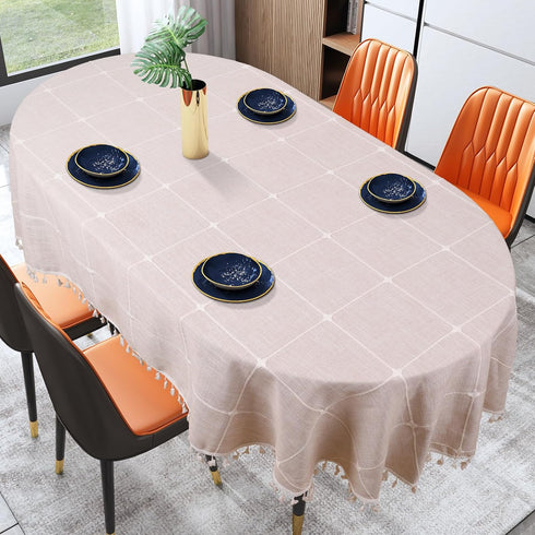 EPEDIC Oval Tablecloth with Embroidery Tassel Tablecloth, Coffee Color Plaid Oval Tablecloth 52X70