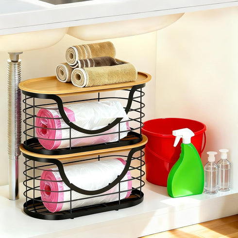 Haotao 2 Pack Trash Bag HolderStackable Trashbag Dispenser With Bamboo LidWall Mount Garbage Bag Dispenser Organizer
