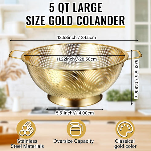 Norme 5 Quart Stainless Steel Gold Colander and 3 Pcs Gold Fine Mesh Strainer, Easy Clean and Dishwasher Safe
