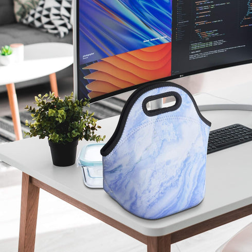 CM Soft Neoprene Tote Picnic Bag Lunch Container Organizer for Outdoor Travel (Blue Marble Pattern)