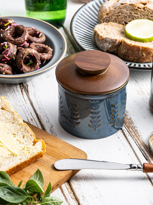 Countertop, Ceramic Butter Dish with Lid, Butter Crock for French Butter Keeper, Elegant Embossed Pattern, Blue