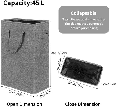 Chrislley 45L Slim Laundry Hamper Narrow Laundry Basket with Handle Foldable Dirty Clothes Portable Skinny Hamper Organizer Storage Bins (22 inches, Upgrade Grey) by Chrislley