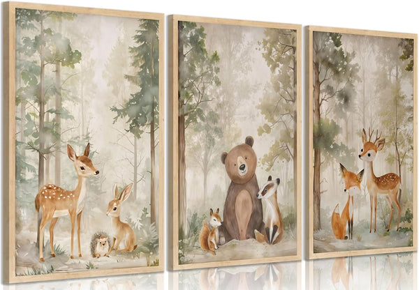 3Pcs Woodland Animal Nursery Canvas wall art Wild Animals Forest Paintings Pictures