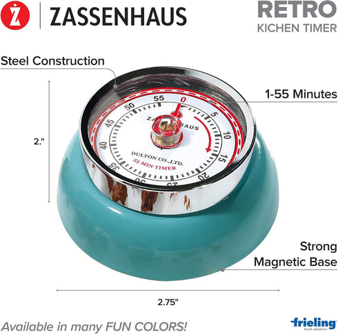 Zassenhaus Magnetic Retro Kitchen Timer - 60 Minute, 2.75-Inch, Teal
