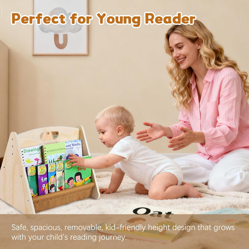 AZSKY Double Sided Toodler Book Shelf, Small Wooden Book Storage for Kids, Brown Mini Children Book Holder for Baby