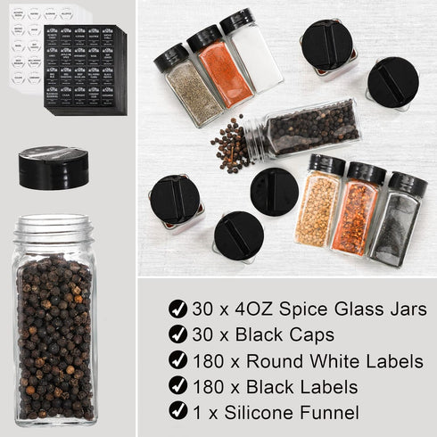 30 Pack 4oz Set Tebery Glass Spice Jars Square Glass Bottles with Black Caps, Empty Spice Containers Shakers Complete