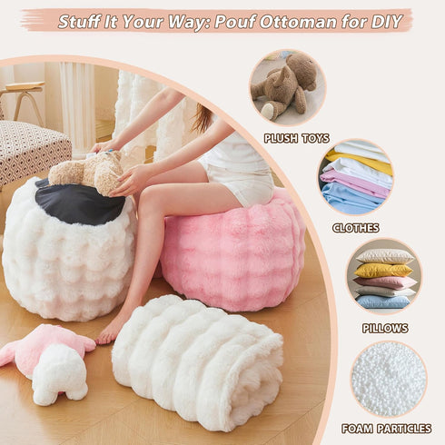 20" 16" LIFEREVO Faux Rabbit Fur Round Inflatable Pouf Ottoman, X Plush Fuzzy Waffle Bubble Floor Poufs Foot Rest