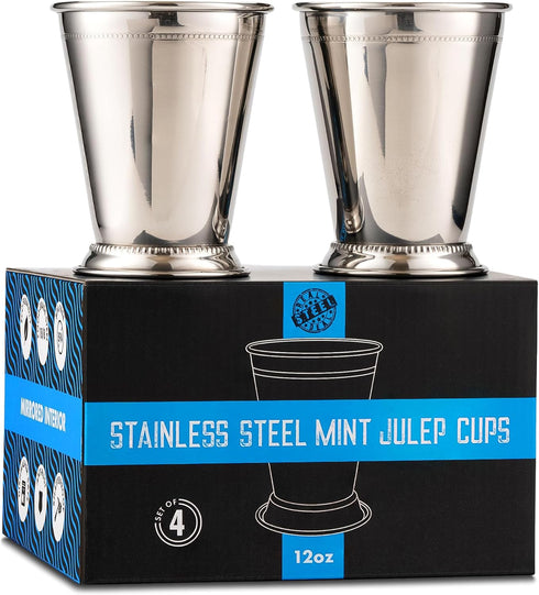Mint Julep Cups: Stainless Steel Glasses, Set of 2 or Set of 4, 12 oz Metal Cocktail Glasses for Parties
