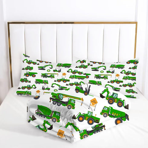 Set Sets Set 1 1 Comforter Green Tractor: Twin Size Cartoon Excavator Truck Car Bedding for Boys Kids Teens Toddler