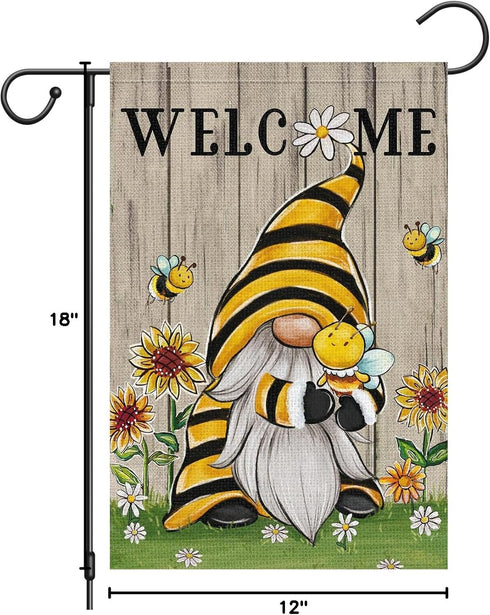 Welcome Summer Gnome Garden Flag, Spring Summer Bee Sunflower 12x18 Double Sided Burlap House Flag