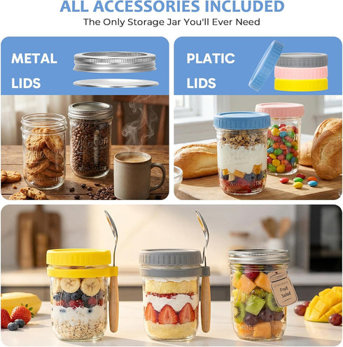 4-Pack 16 oz CycleMore Overnight Oats Containers with Airtight Lids, Colorful Lids & Spoons, Wide Mouth Mason Jars