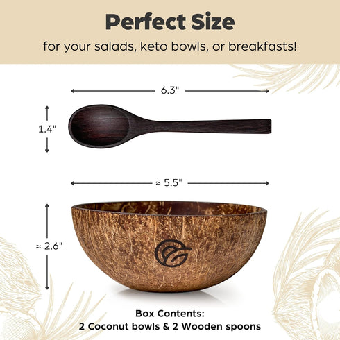 Coconut Bowls and Wooden Spoons Set of 2, Natural Hand-Crafted Vegan-Friendly Kitchen Utensils for Salad
