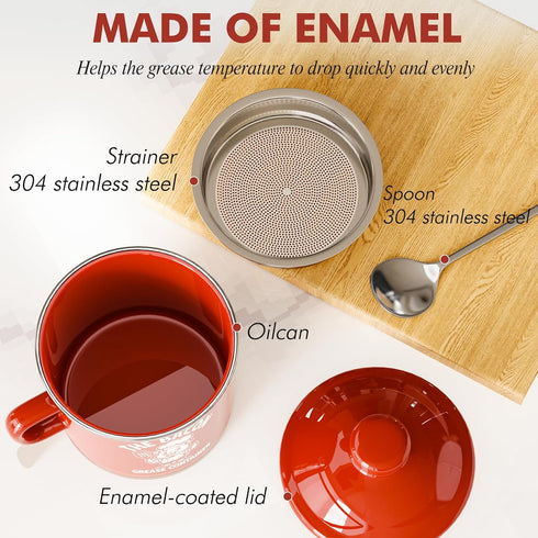 15OZ PGYARD Mini Bacon Grease Saver With Strainer - Enamel Grease Container, Farmhouse Bacon Grease Keeper For Kitchen