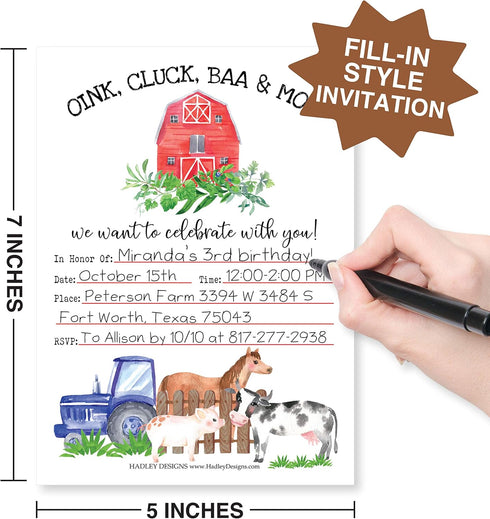 Hadley Designs 25 Birthday Party Invitations, Farm Barnyard Animal Pig Cow for Girl Boy, Printable Template, Tractor