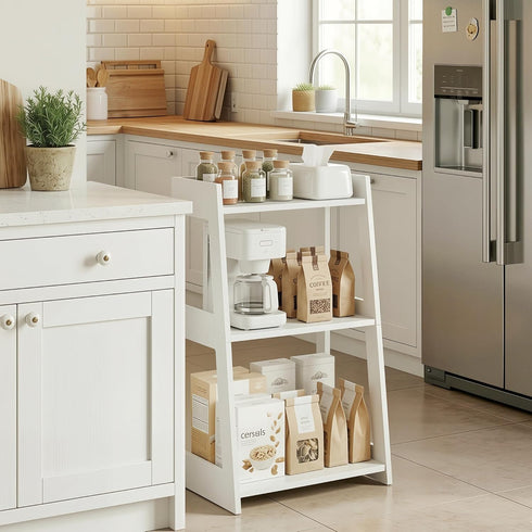 3-Tier (11.8" 15.7" 27.6" Bathroom Ladder Shelf Freestanding, White Floor Shelves Open Shelving Unit, Small Bookshelf