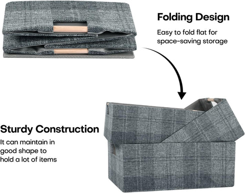 Collapsible Fabric Storage Bin Box - Cotton Linen Storage Cube with Wooden Handles, Medium Dark Gray Plaid Organizer