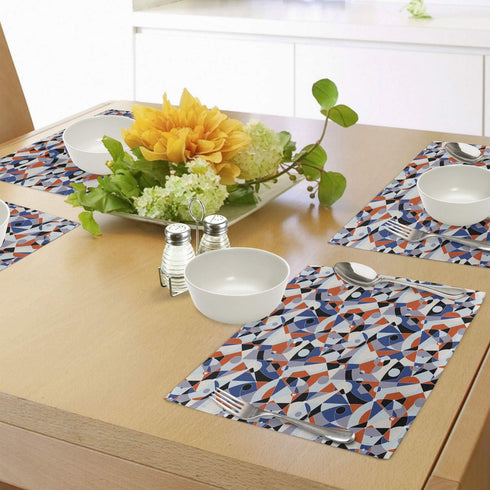 Ambesonne Set of 4 Mid Century Place Mats, Mosaic of Various Shapes and Colors, Washable Fabric, Blue Orange