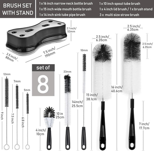 ALINK 8 Pack Black Bottle Brush Cleaning Set with Stand, Long Handle Bottle Cleaner with Holder for Narrow Neck Beer Wine Brewing Bottles, Stanley Water Bottles, Baby Bottles, Tumblers, Carafe, Straws by ALINK