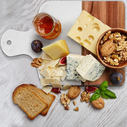 Marble and Acacia Wood Cutting Board, White Cheese Board with Handle, 13 x 8.5 Inch