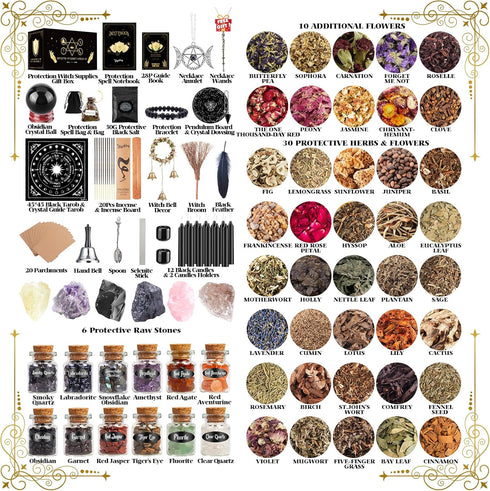 SHYSHINY 130Pack Wiccan Supplies and Tools for Protection, Witchcraft Supplies Witchy Gift for Beginners, Dried Herbs