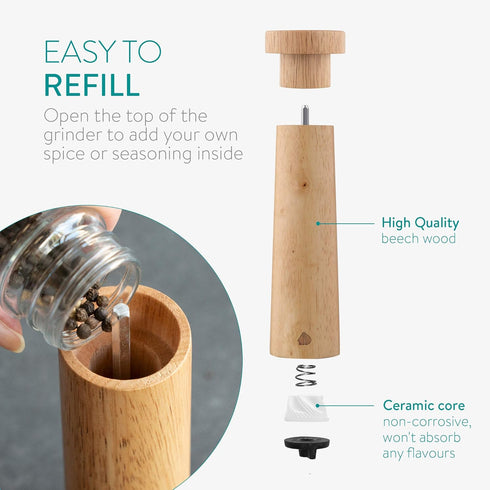 Navaris Salt and Pepper Mill Set - Adjustable Rubber Wood Grinders with Ceramic Core