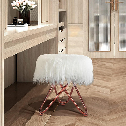 Round Faux Fur Ottoman, Vanity Stool Rose Gold Metal Legs with Anti-Slip Pad, Soft Furry Compact Padded Seat, Modern