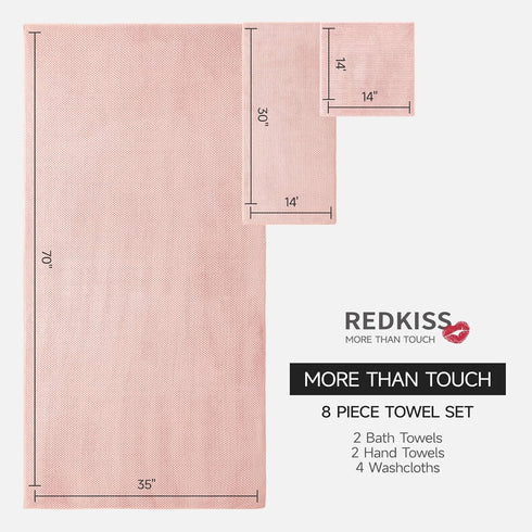 Set 8 2 35x70, 2 14x30, 4 14x14, REDKISS Pink Towel of - Ultra Soft Microfiber, Contains Large Bath Hand Washcloths