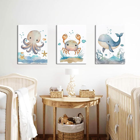 Set 3, 12x16 Inch Ocean Nursery Wall Art of Sea Animal Baby Boys Room Canvas Wall Decor Paintings, Watercolor Ocean