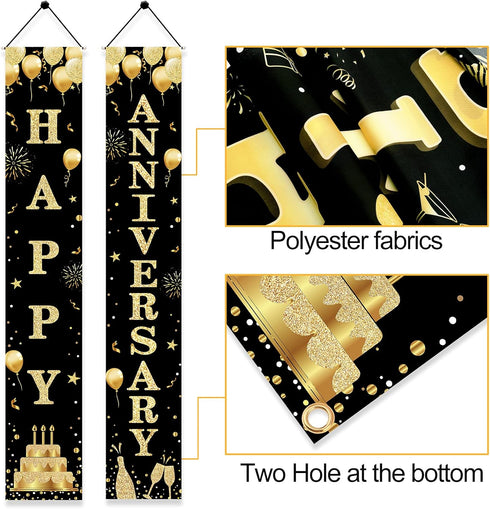 Wedding Anniversary Door Banner, Black Gold Happy Anniversary Sign for Party Decorations, Welcome Porch Outdoor Supplies