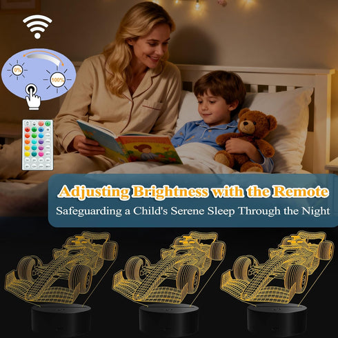 F1 3D 16 4 Dimmable, Car Night Light, Formula One Gifts, Illusion Lamp with Remote Control, RGB Colors, Flashing Modes