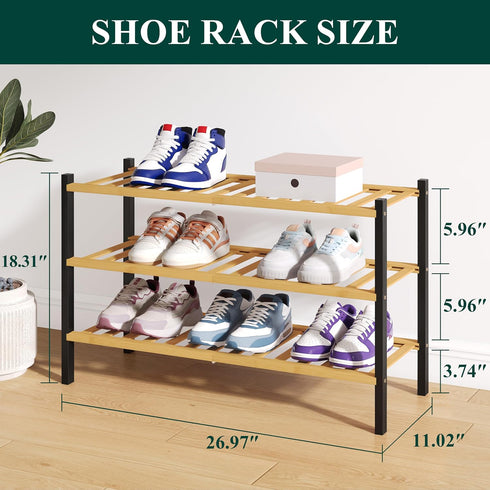Closet, 3 Smiry Bamboo Shoe Rack for Tier Wooden Stackable Shoe Organizer, Free Standing Shoes Storage Shelf