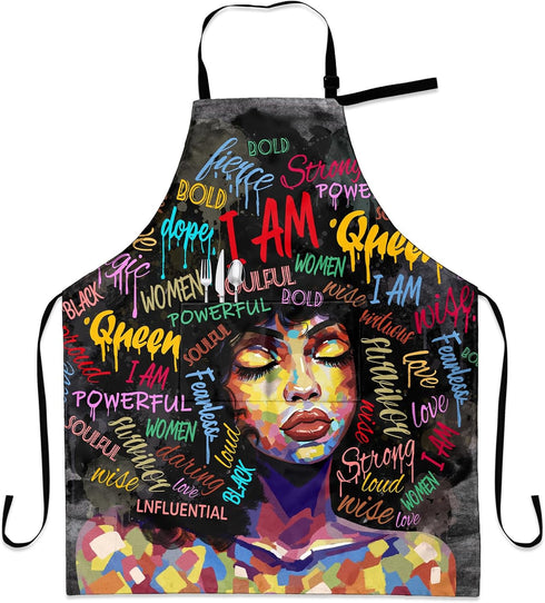 African Art Apron for Women with Pockets, Adjustable Waterproof Oil Proof Kitchen Apron Black Girl 33x28in