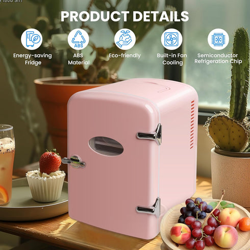 HealSmart 4 Liter Portable Mini Fridge - 6 Can Cooler and Warmer with Observation Window, Eco Friendly, Pink