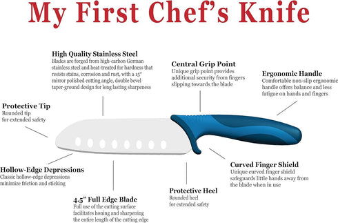 My First Chef's Knife for Children - Royal/Navy with Protective Safety Sheath, German Stainless Steel