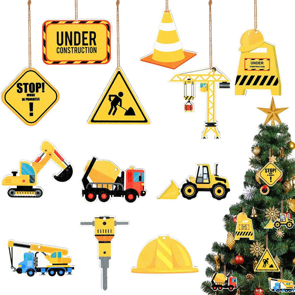24 Pieces Christmas Ornaments, Construction Wood Ornaments with Rope, Trucks Hanging Wood Signs, Truck Digger Cutouts
