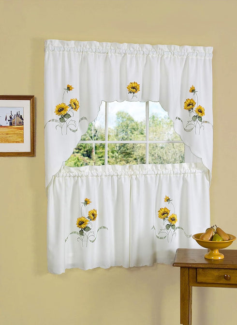 Embellished Tier and Swag Window Curtain Set - 58 Inch Width, 24 Inch Length - Sunshine Light Filtering Polyester