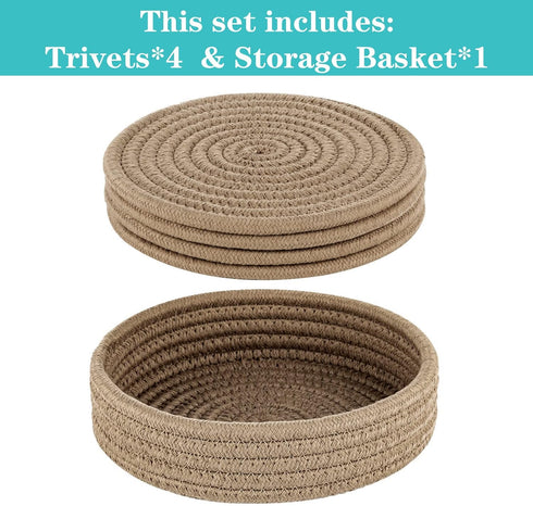 Trivets for Hot Dishes, Trivets for Hot Pots and Pans, Hot Pads for Countertops, Coasters 4 Pcs and Storage Basket 1 Pack, Pot Holders for Kitchen, Cotton Hot Mats Cooking Pad Protect Table (Khaki) by Cazzon