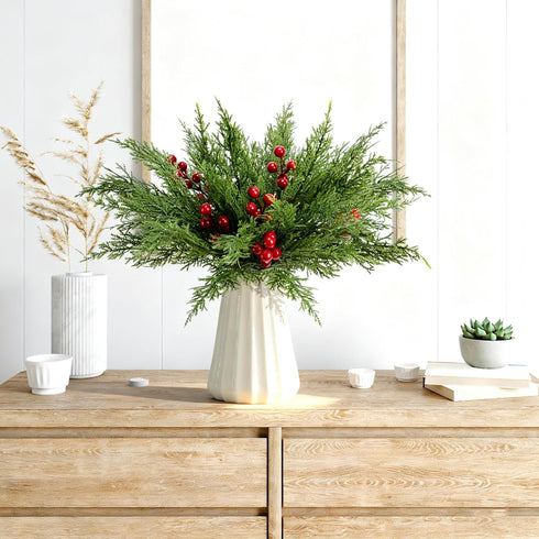 60 Pcs/Set 3D 12.5 Inch Christmas Artificial Pine Branches- Faux Evergreen Cedar Sprigs Branches- Fake Foliage Pine