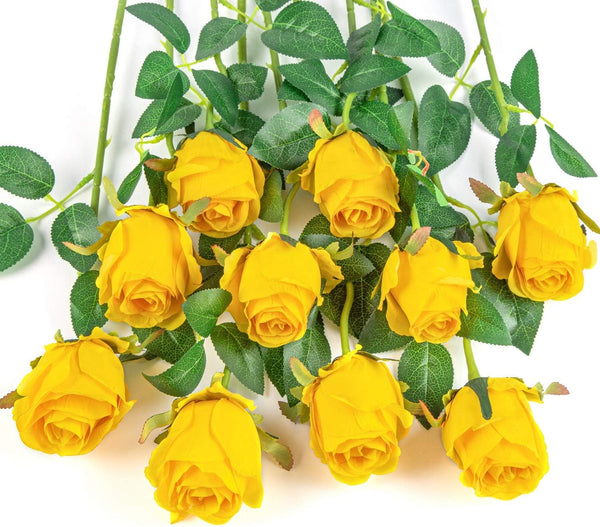 Flojery 10pcs Artificial Rose Flowers, Long Stem Fake Silk Roses for DIY Wedding Bouquet & Home Decor (Yellow)