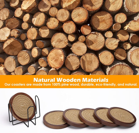 6 Pack 4.3 Inches Mckanti Wood Coasters for Drinks with Cotton Coasters Insert, Wooden Coasters with Holder for Coffee