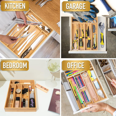 Bamboo Silverware Organizer, Kitchen Drawer Utensil Organizer, Cutlery Holder Flatware Organizer Tray (5 slots, Natural)