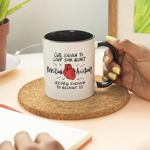 YouNique Designs Cute Enough to Stop Your Heart Coffee Mug, 11 Ounces, Physician Assistant Gifts (Black Handle)
