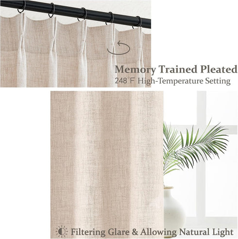 54 Inches 2 Sets, Pinch 40"Wx54"L Natural Linen Small Kitchen Curtains Long Panels Light Filtering Memory Trained
