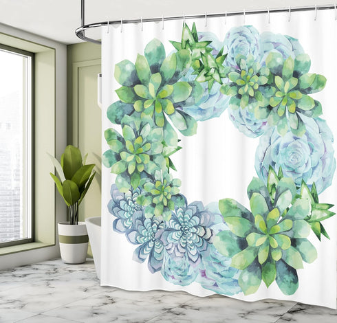 Ambesonne Succulent Shower Curtain, Watercolor Succulent Wreath Circular Design, Bridal Wedding Theme, Cloth Fabric