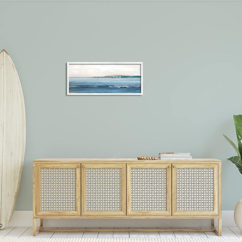 Stupell Industries Morning Sky Abstract Nautical Ocean Landscape Distant Boats, Designed by Sally Swatland White Framed Wall Art, 30 x 13, Beige