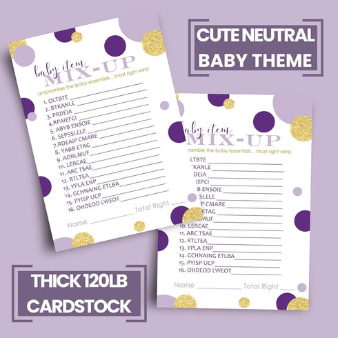 Purple and Gold Baby Shower Games - Word Scramble Game for Gender Reveal - 25 Pack, Royal Mermaid Design