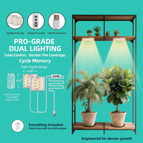 Dimmer, Dual Head LED Grow Light for Indoor Plants, Full Spectrum Under Cabinet Plant Light for Shelves, High PPFD