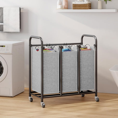 3-Bag HOMEIJU Laundry Sorter, Laundry Hamper Cart with Heavy Duty Rolling Lockable Wheels and Removable Bags, Laundry