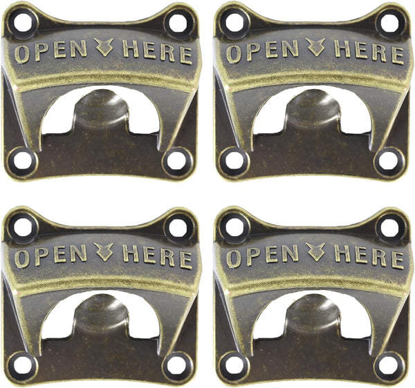 Vintage Square Wall Mounted Bottle Opener, Stainless Beer Cap Opener Antique Bronze (Pack of 4)