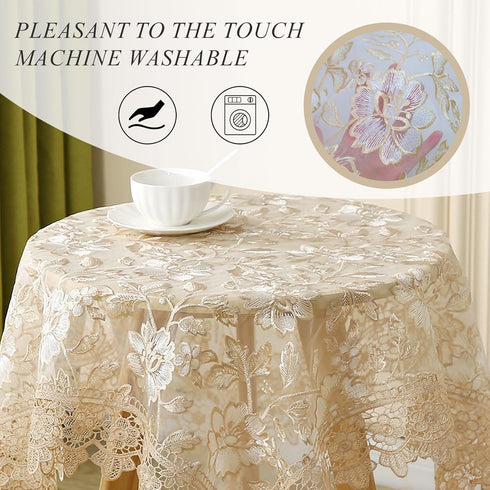 24 Inch Retro Round Lace Tablecloth Embroidered Table Cover Decorative Dining Doily for Wedding & Cafe, Brown
